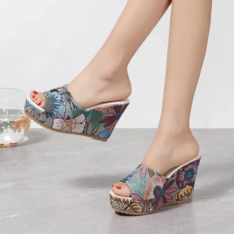 2025 Women Shoes Fashion Shoes Casual Flip Flops Summer Vintage Floral Print Peep Toe Wedge Slippers 35-42