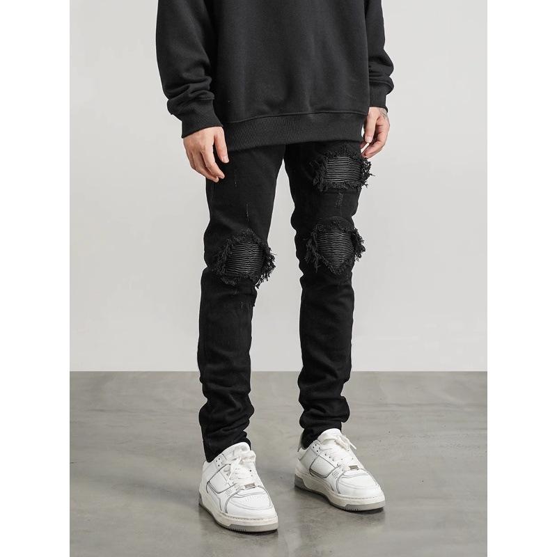 American High Street Vibe Trendy Brand Ripped Patch Jeans Men's Slim Fit Small Feet Design Sense Retro Casual Pants
