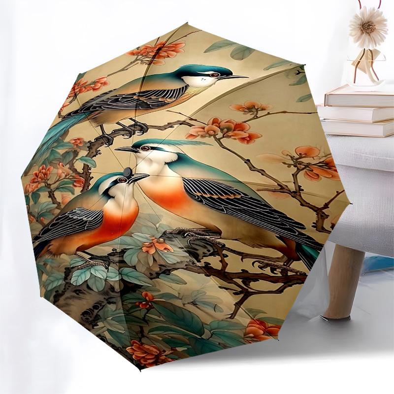 1pc Birds FlowersOpen/Close Umbrella-Windproof, Compact Travel Umbrella, Sturdy 8-Rib Shaft, Outdoor Accessory, 1085