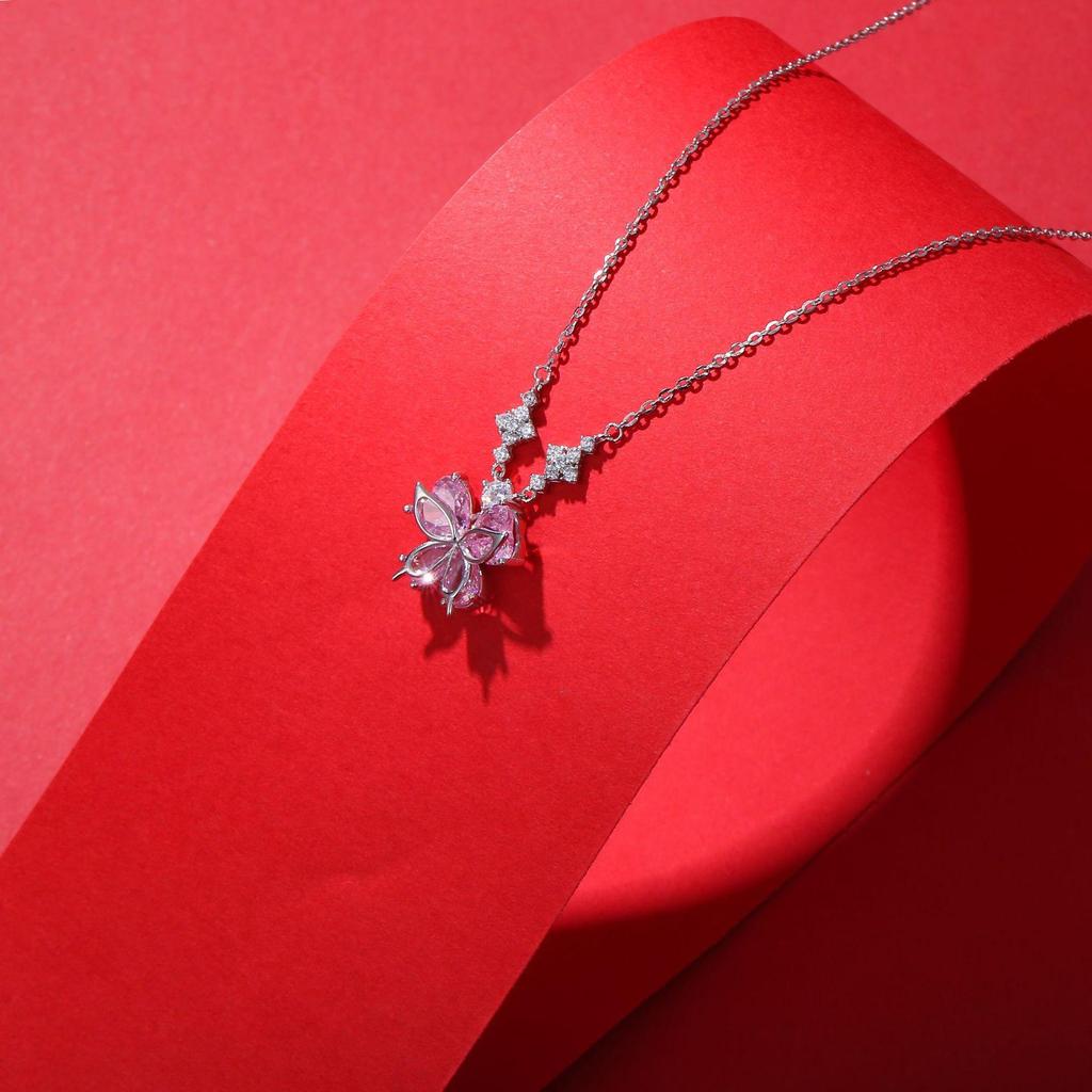 S925 Sterling Silver Butterfly Pendant Necklace - Elegant Full Diamond Clavicle Chain