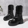 Pleated Platform Mid-leg Boots Autumn Winter New Round Toe Back Zip Non-slip Block Heel Stack Boots