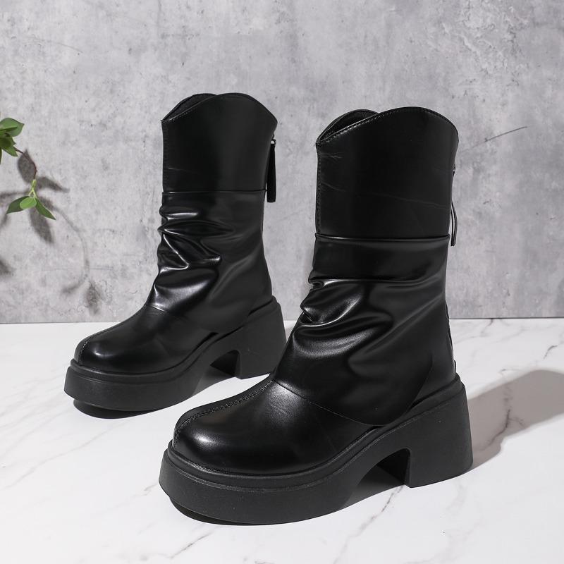 

Pleated Platform Mid-leg Boots Autumn Winter New Round Toe Back Zip Non-slip Block Heel Stack Boots 35 чёрный