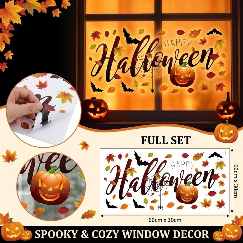 Halloween Static Cling Window Decals Pumpkin Autumn Leaf Bat Spider Web Removable Decorative Stickers for Glass Door Wall Home Office Party Decor