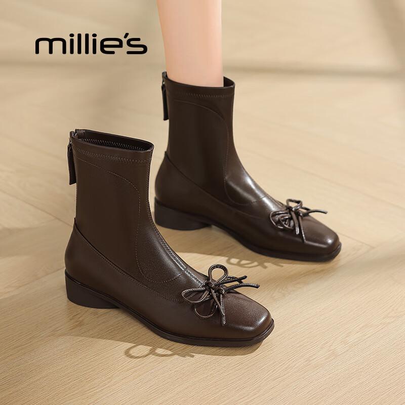 Millies Women s Genuine Leather Chunky Heel Ankle Boots EU 38 коричневый