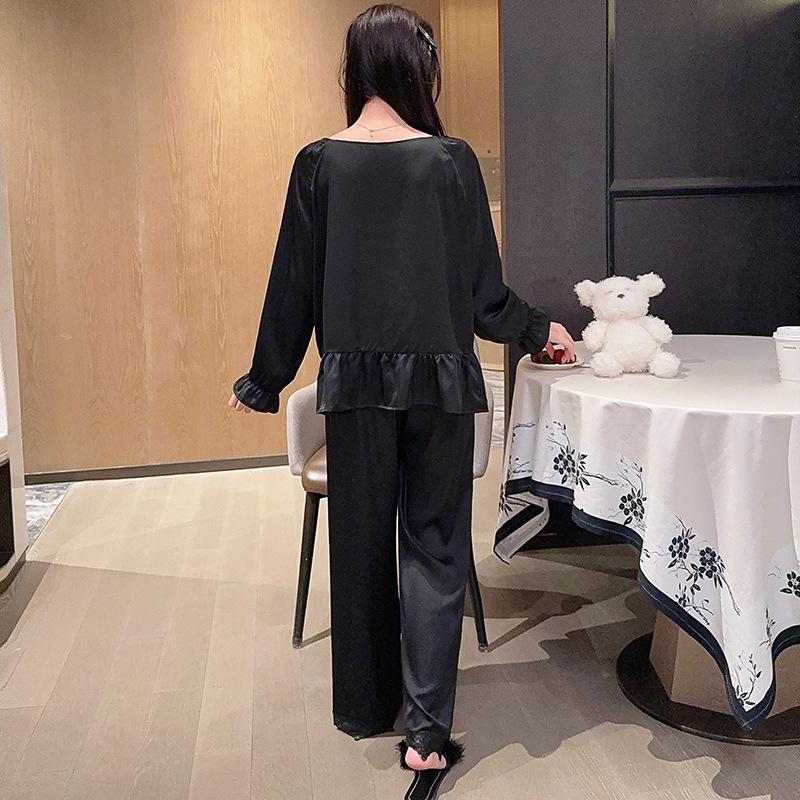 Women's Ice Silk Pajama Set with Lace - Spring & Autumn, Long Sleeve Top & Pants, Versatile for Home or Out