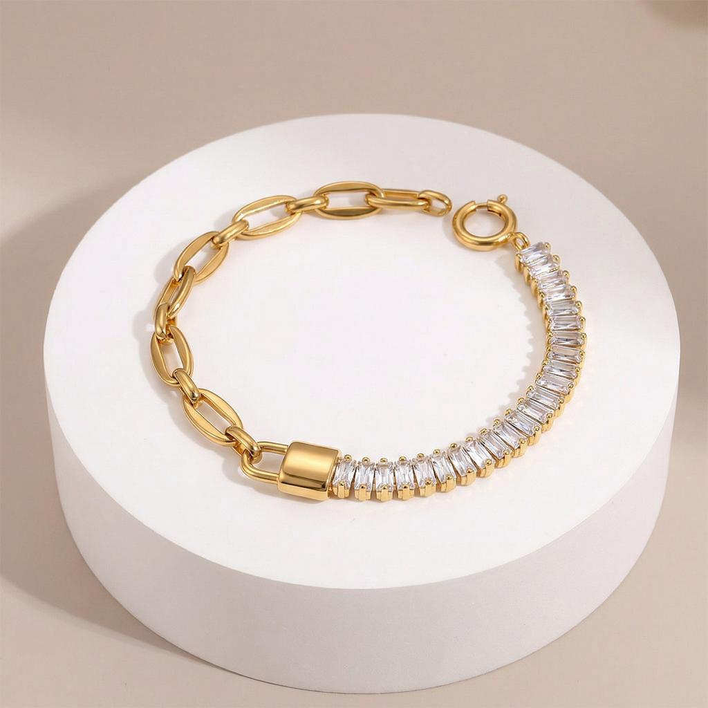 Stainless Steel Gold-plated Rectangular Ladder Zircon Splicing Adjustable Light Luxury Exquisite Versatile Jewelry