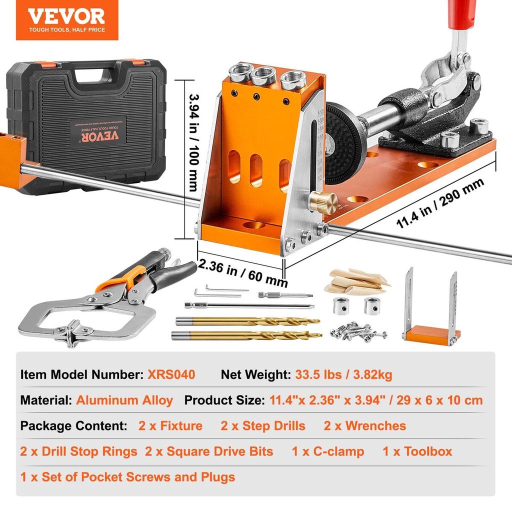 Pocket Hole Jig Kit, 34 Pcs Pocket Hole Jig System with 11" C-clamp, Fixture, Step Drills, Wrenches, Drill Stop Rings, Square Drive Bits, Toolbox, for