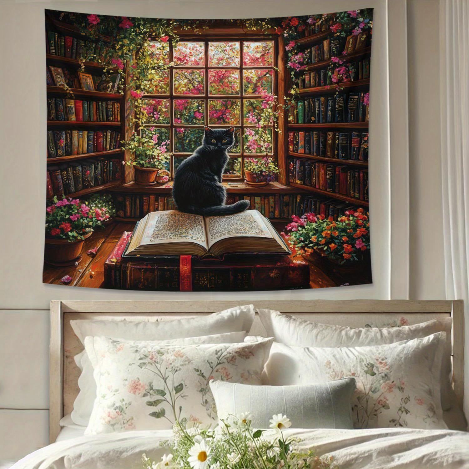 

Cozy Library Cat Tapestry Charming Elegant and Uniquely Inviting Wall Art for a Warm Home Decor Statement 74x94cm(29x37in)