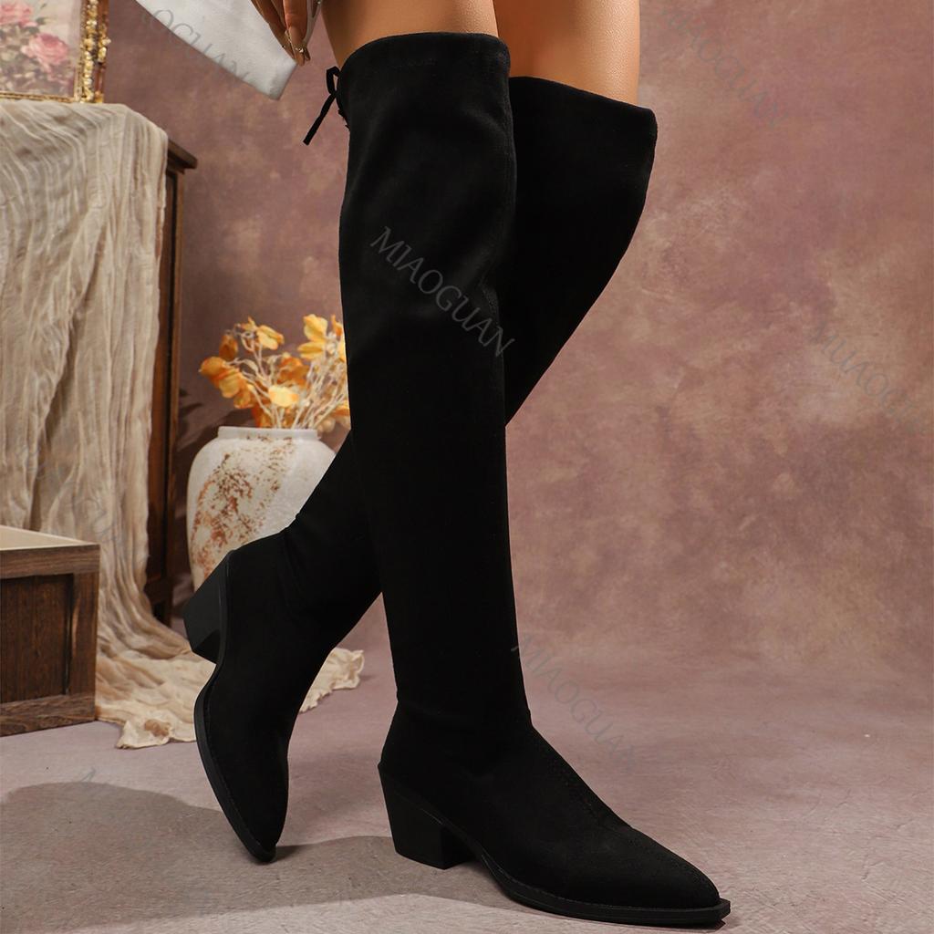 Black High-heeled Suede Over The Knee Boots Autumn Women Shoes Pointed Toe Women's High Botas Fashion Warm Lace Up Long Boots