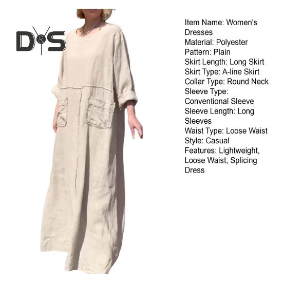 Langarmkleid für Damen, lockere Passform, einfarbig, langes Kleid mit Taschen, Rundhalsausschnitt, A-Linien-Spleißkleid im Retro-Stil für Büro, Alltag, Strandparty