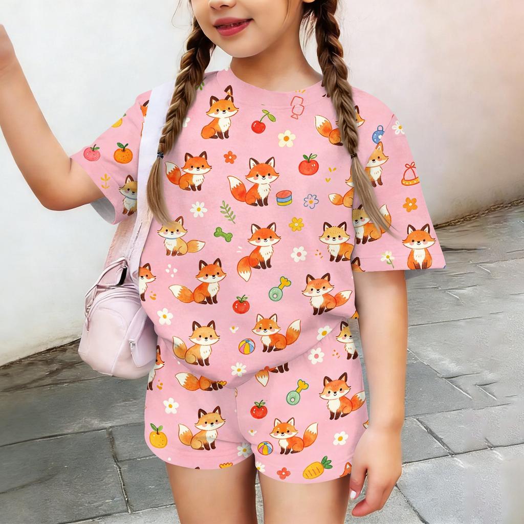 Kids Casual Short Sleeve Animal Print Top and Shorts Set Lightweight Breathable Soft Fabric Comfortable Fit