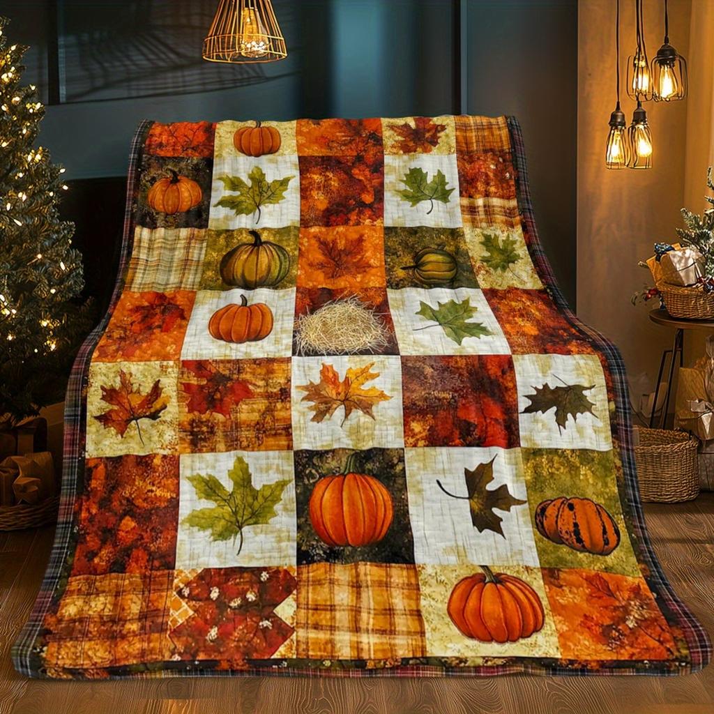Autumn pumpkin leaf plaid pattern warm flannel blanket seasonal home decoration fall harvest theme cozy bedroom throw blanket