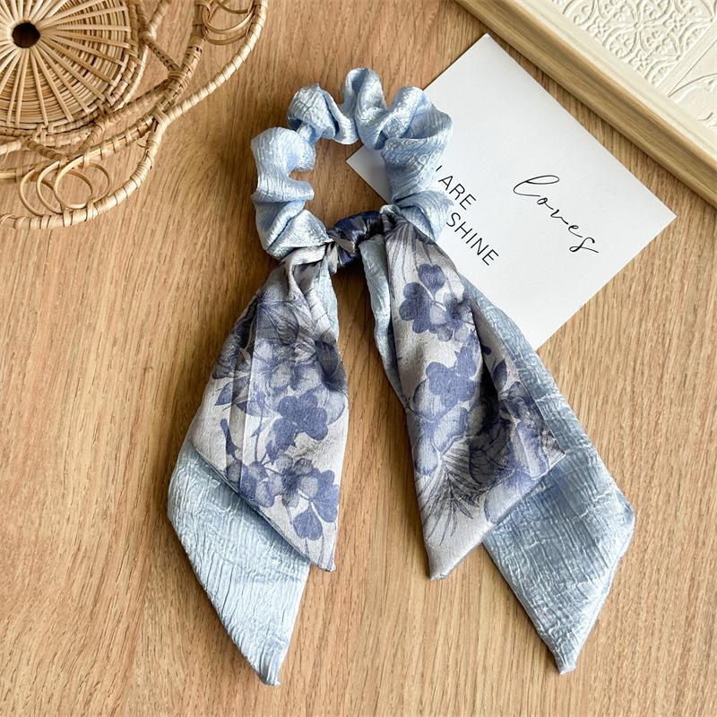 Double-layer Satin Fabric Floral Lace Bow Big Hair Band with Long Tassel Ponytail Hair Tie, A High-end Hair Tie with A Chic Design