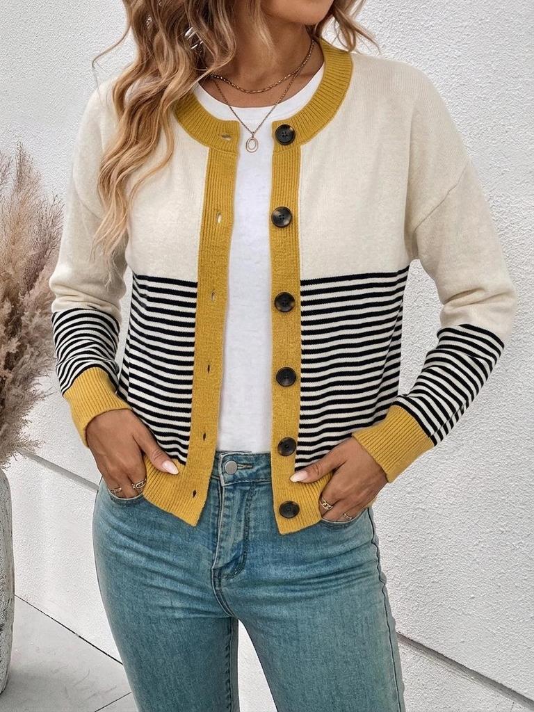2026 Autumn Women's Color Block Stripe Knit Cardigan Sweater