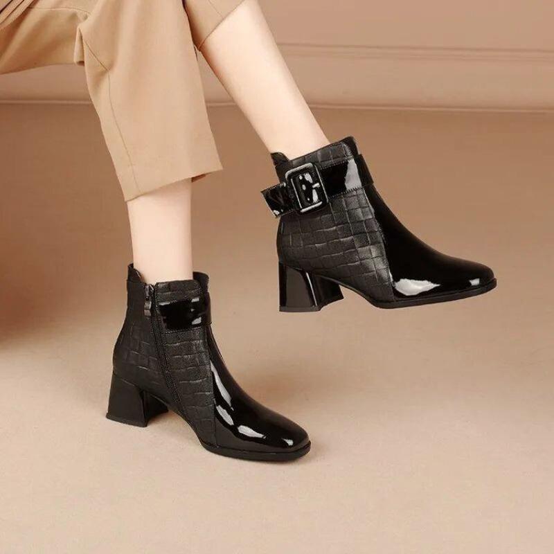Fashion Elegant Heeled Waterproof Booties on Promotion Square Toe Leather Woman Short Shoes Autumn Winter Hot Sale Ankle Boots for Women cm