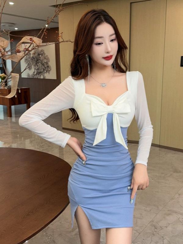 Damen Schlankmachendes Mesh-Einsatz Hüftwickel Schlitzkleid für Nachtclubs