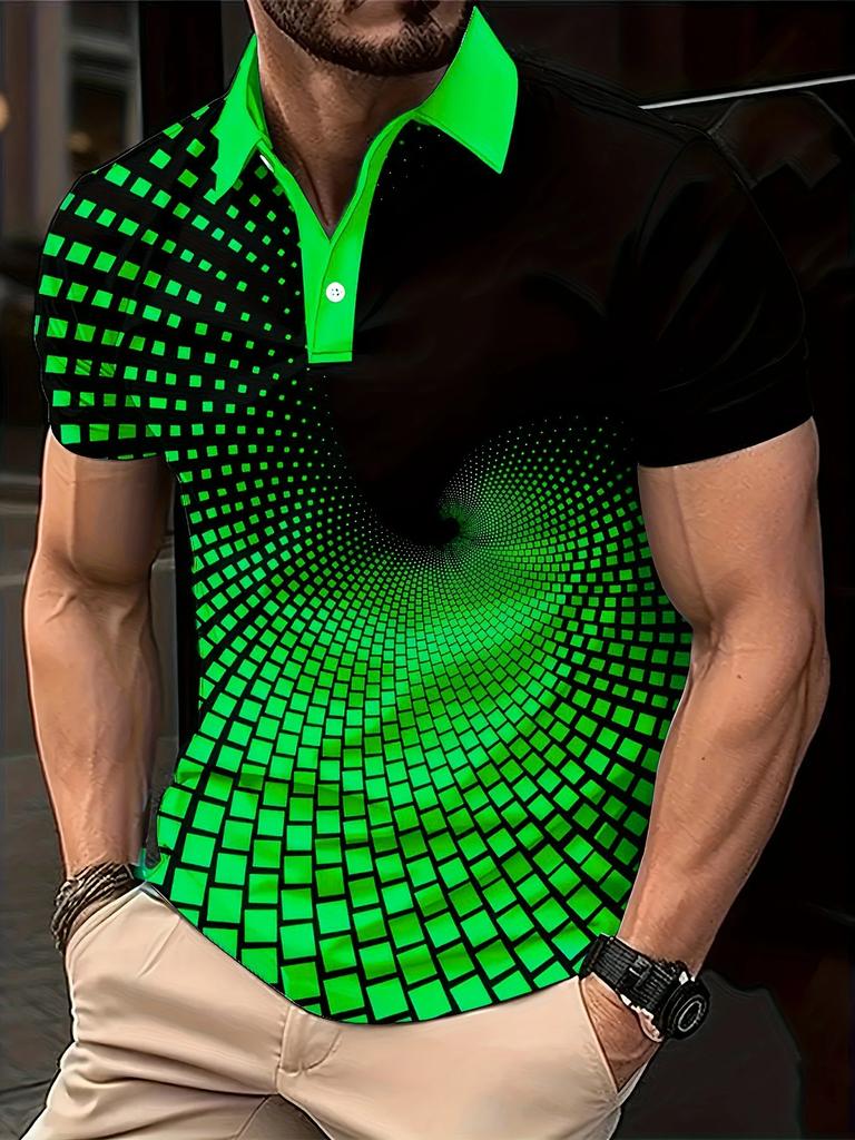 Stylish 3D Optical Illusion Polo Shirt, Short Sleeve Top