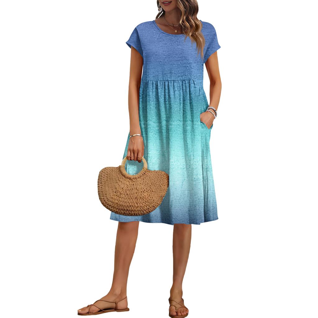 Damska Letnia Modna Codzienna Okrągły Dekolt Krótki Rękaw Sukienka z Gradientowym Wzorem
