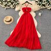 Seaside Vacation Wind Super Fairy Pendulum Red Beach Dress Women's French Sweet Neck Suspender Dress