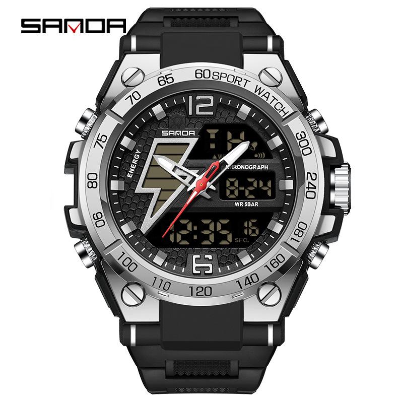 Sanda Trendy Waterproof Sports Watch - Minimalist Design with Dual Display for Students
