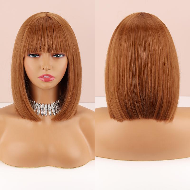 MISSQUEEN Kurze, glatte Bob-Perücke mit Pony, Ombre-Farbe Dunkelbraun, schulterlang, natürliche, glatte Bob-Perücke aus Kunstfaser, für den Alltag