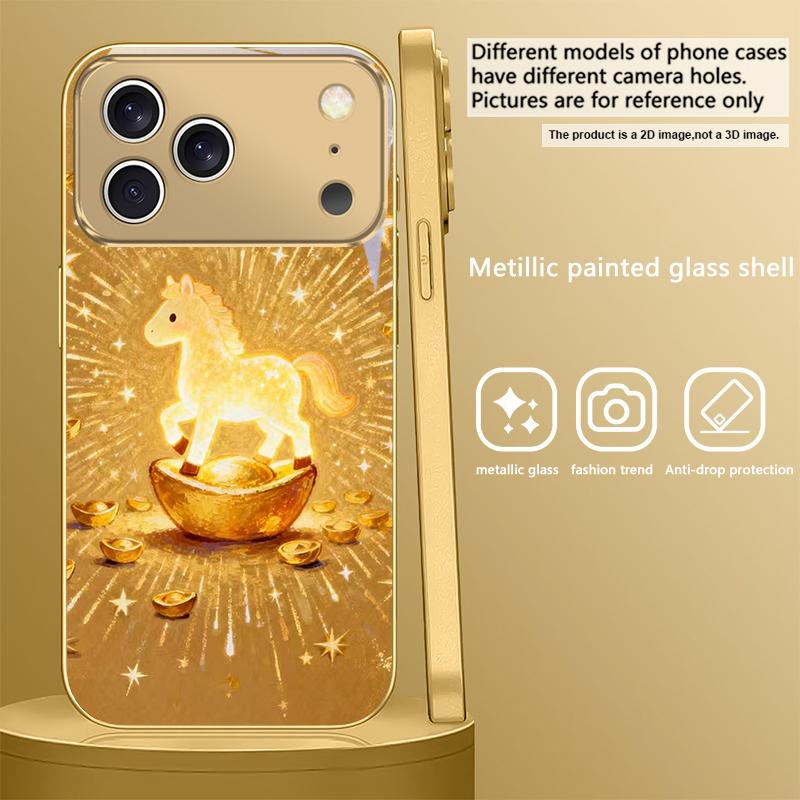 The shining golden pony For IPhone 17Pro Max 16 17 Pro 15 Pro 14 13 Plus 12 Mini 11Pro Max XR 16E 17 Air Golden glass phone case