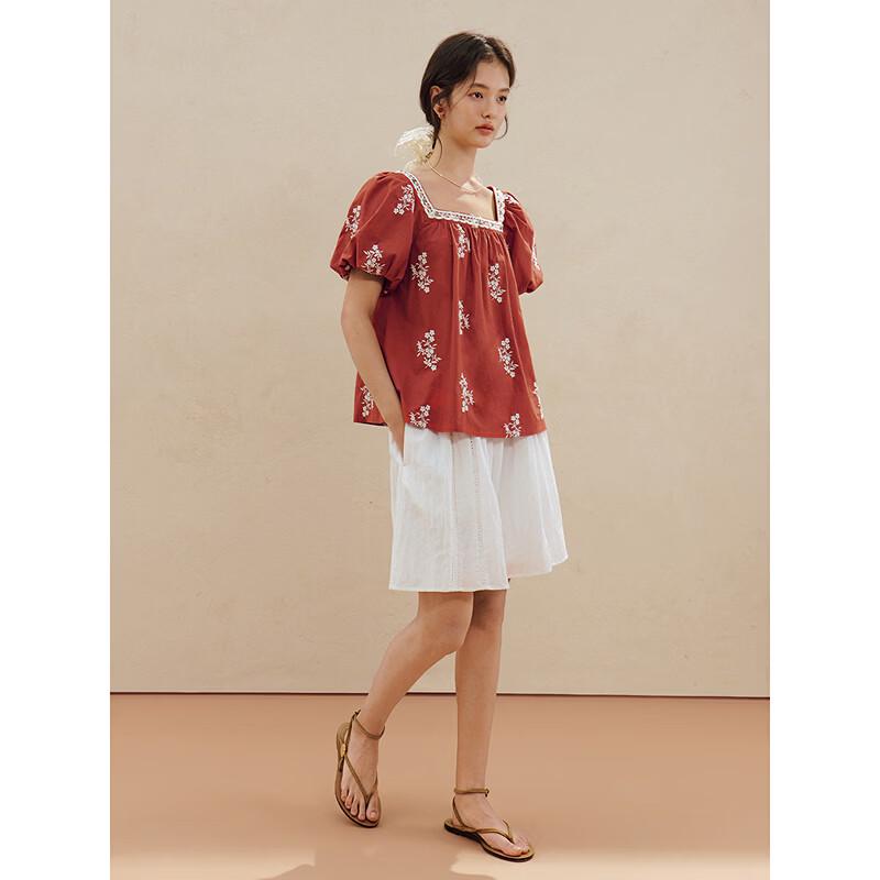 INMAN Women's 100% Xinjiang Cotton Boho Embroidered Puff Sleeve Shirt