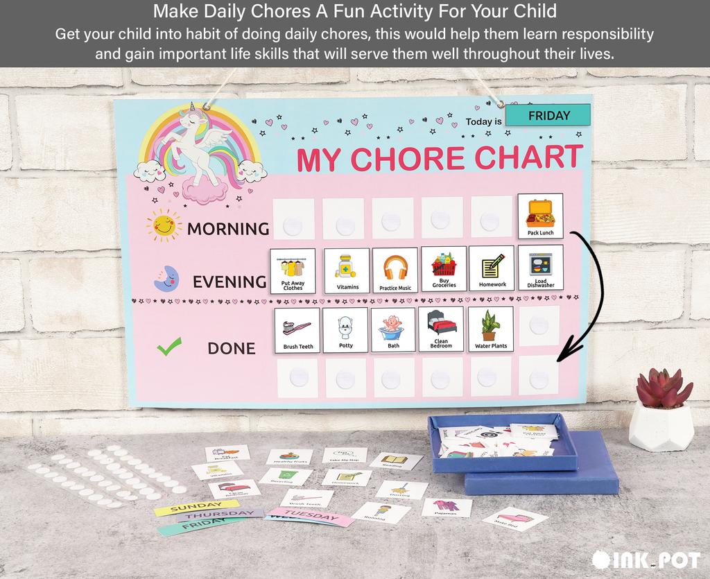 Inkdotpot Kids Daily Responsibility Checklist, Hanging Chore Chart- Children  S Job Poster- Morning Evening Daily Routine- Daily Task