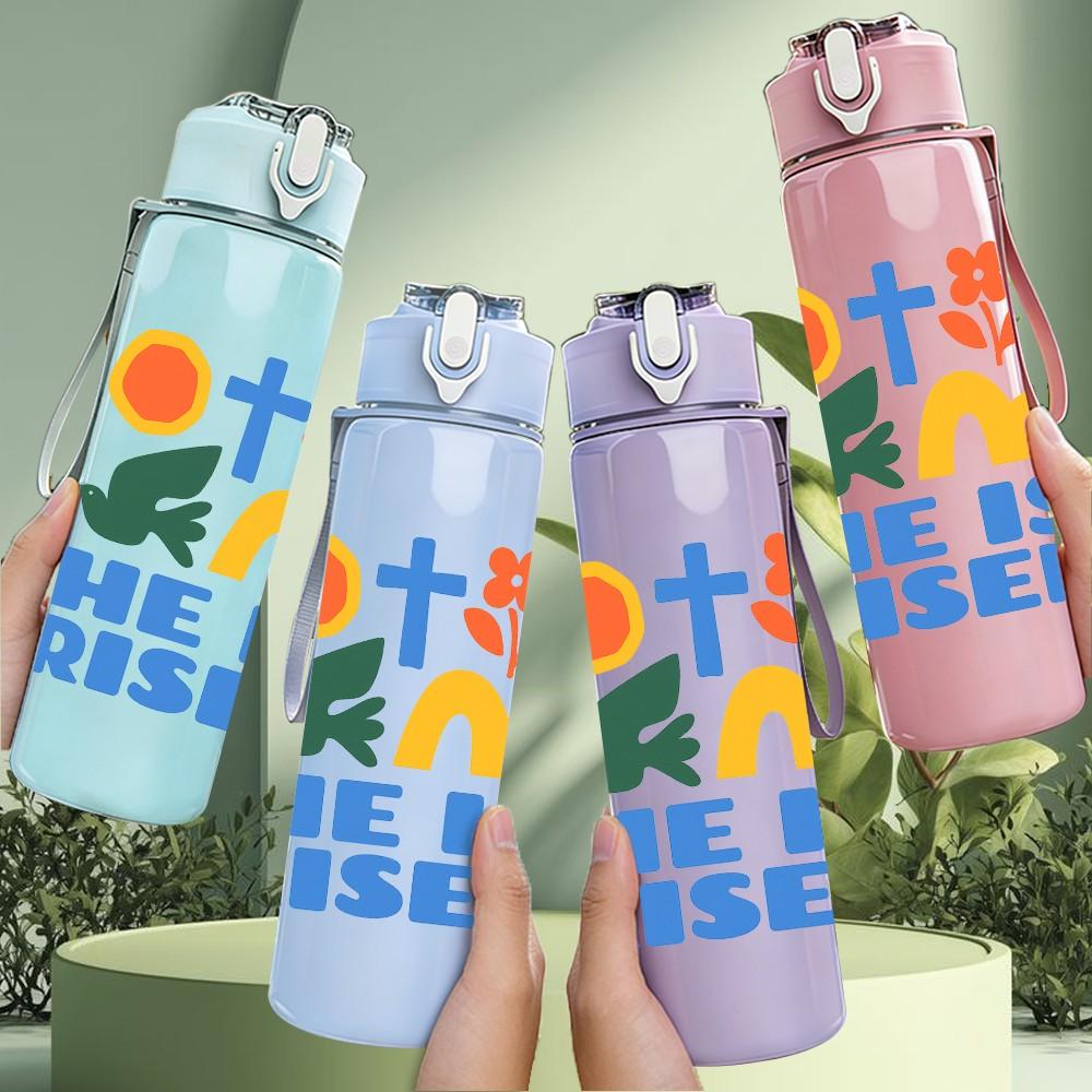 1PC Cross He Is Risen Art 750ml Color Plastic Sports Water Bottle Leakproof Flip Straw Lid Suitable for Sports Office Home Use