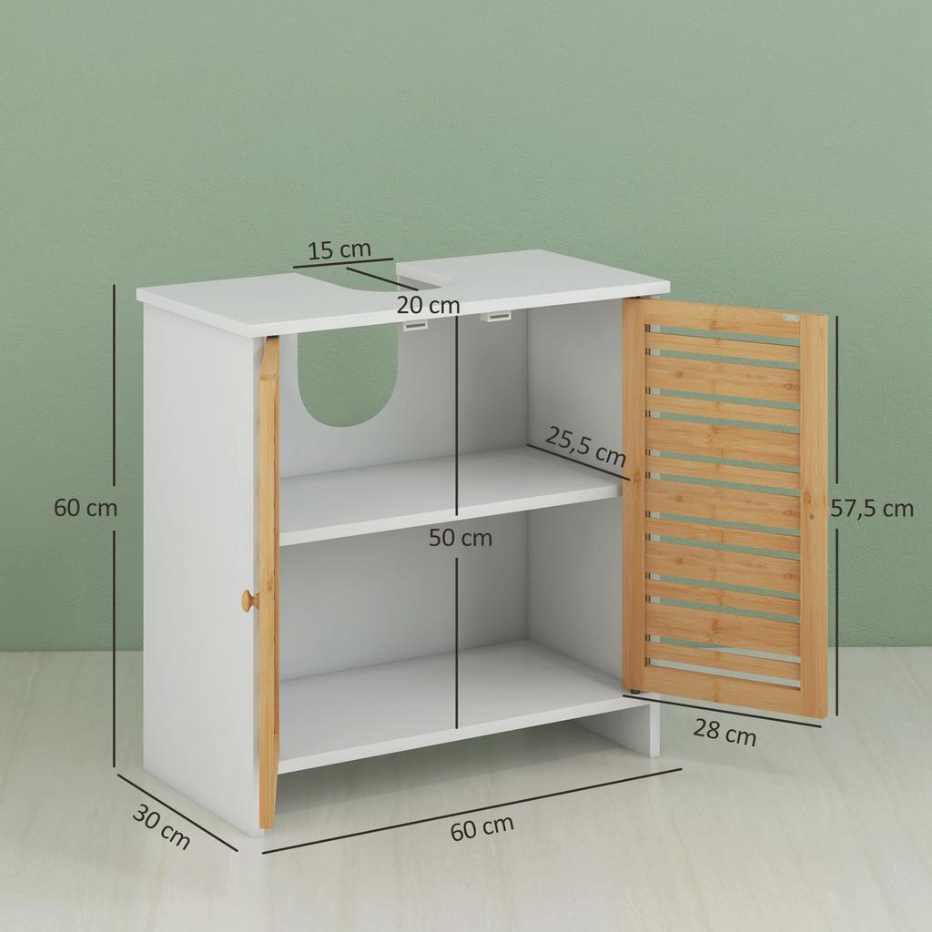 Bathroom Sink Cabinet 2 Doors Adjustable Shelf Storage Cupboard For Washbasin 60x30x60 Cm White Bamboo