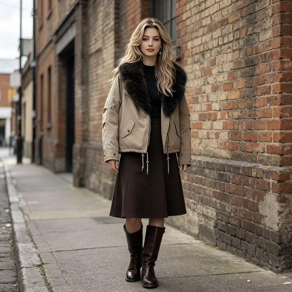 Winter design sense large fur collar lapel versatile loose drawstring thickened cotton clothes pie overcome coat