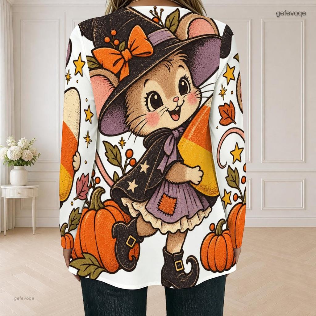 Women Plus Size Square Neck Long Sleeve Faux Two Piece Printed T Shirt Halloween Teddy Bear Pumpkin White