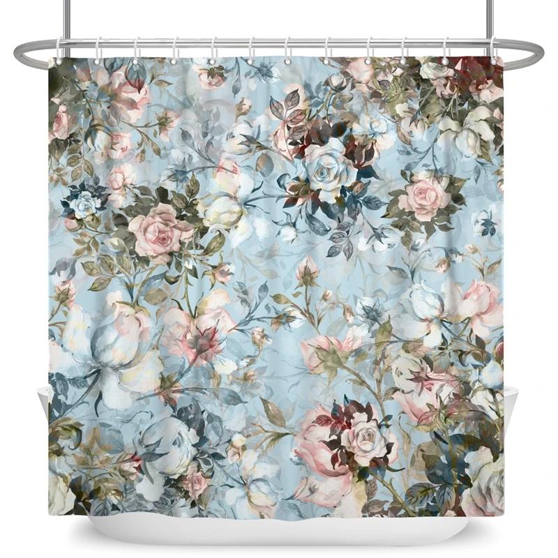 Elegant Flowers Shower Curtain Colorful Floral Shower Curtain Waterproof Polyester Bathroom Curtains Bathtub Decor with 12 Hooks