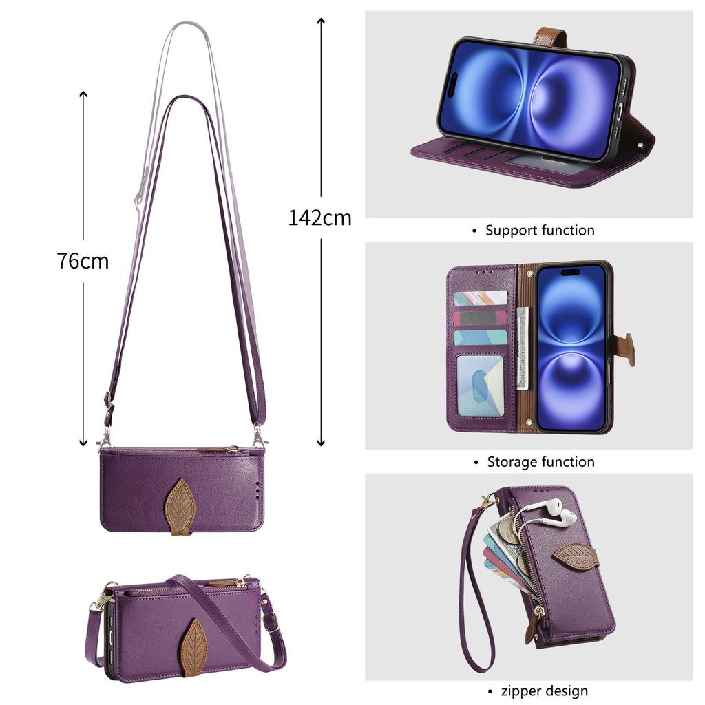 iPhone 17 Leaf Leather Flip Case with Crossbody Strap