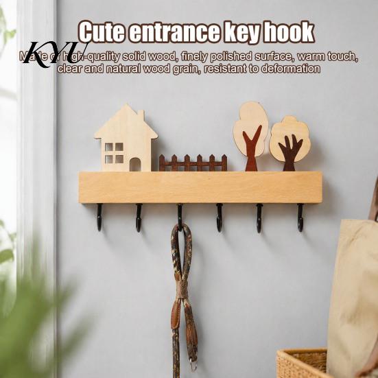 Wooden Hat Rack Key Holder, Solid Wood Organizer with 6 Hooks, Modern Wall Mounted Badge Holder Hanger for Entryway Kitchen And Office Organization