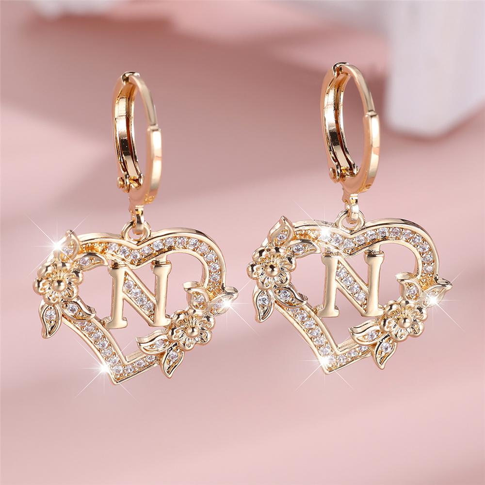 Vintage Hollow Love Heart Flower A-Z 26 Letters Hoop Earrings Yellow Gold Color White Zircon Earring Wedding Jewelry For Women