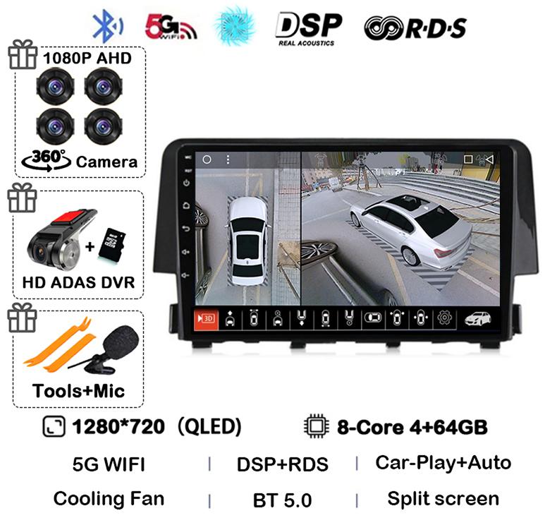 Android 14 Wireless Carplay Auto For Honda Civic 2016 2017 2018 2019 2020 Car Radio Stereo Multimedia Player GPS 4G+WIFI DSP