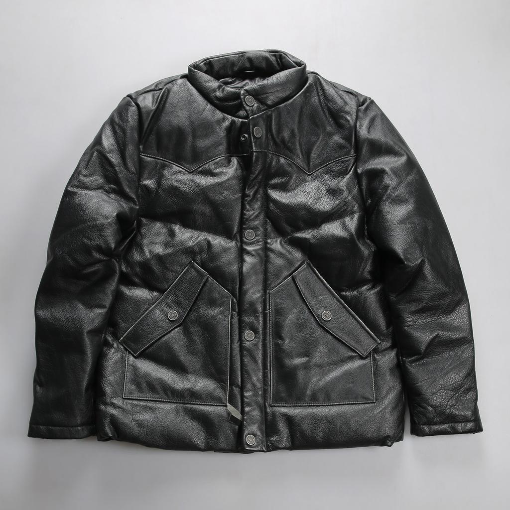 American retro locomotive style first-layer cowhide down jacket, white duck down thickened stand-up collar leather jacket men's winter