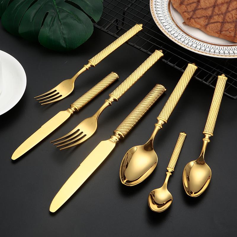 Złoty Wzór Lina Konopna Zestawy Sztućców ze Stali Nierdzewnej Nóż Łyżka Widelec Łyżeczka do Herbaty Widelec Deserowy Hotel Pełna Zastawa Stołowa Serwis Stołowy