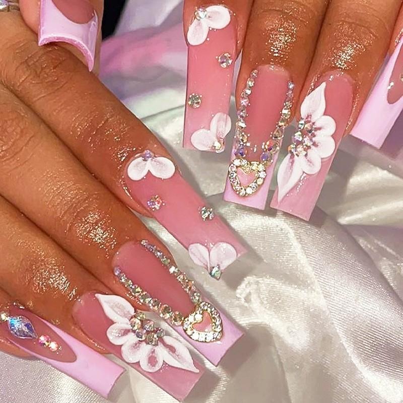 24Pcs Long Square Press On Nails Leopard Print French 3D Cherry Design False Nail Rhinestone Wearable Full Cover Fake Nails Tips