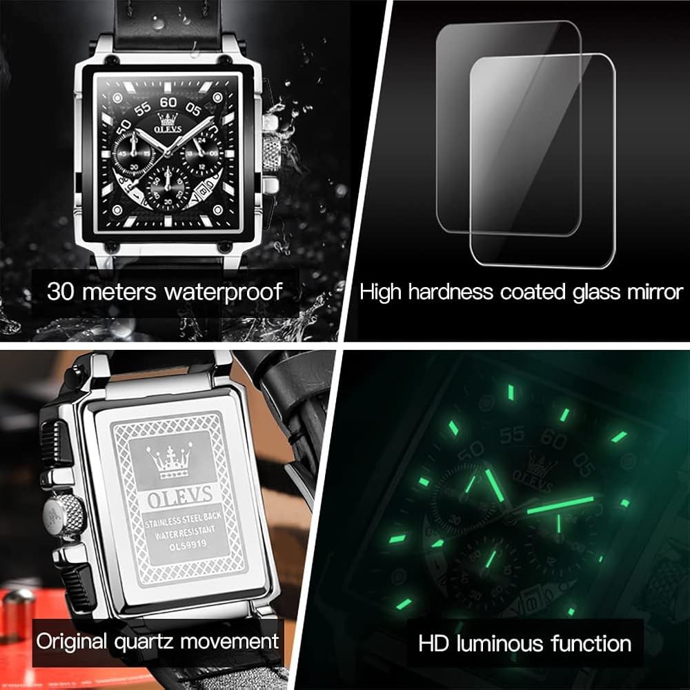 OLEVS Men's Quartz Chronograph Leather Dress Watch Silver Black Waterproof Casual Square Business Date Display