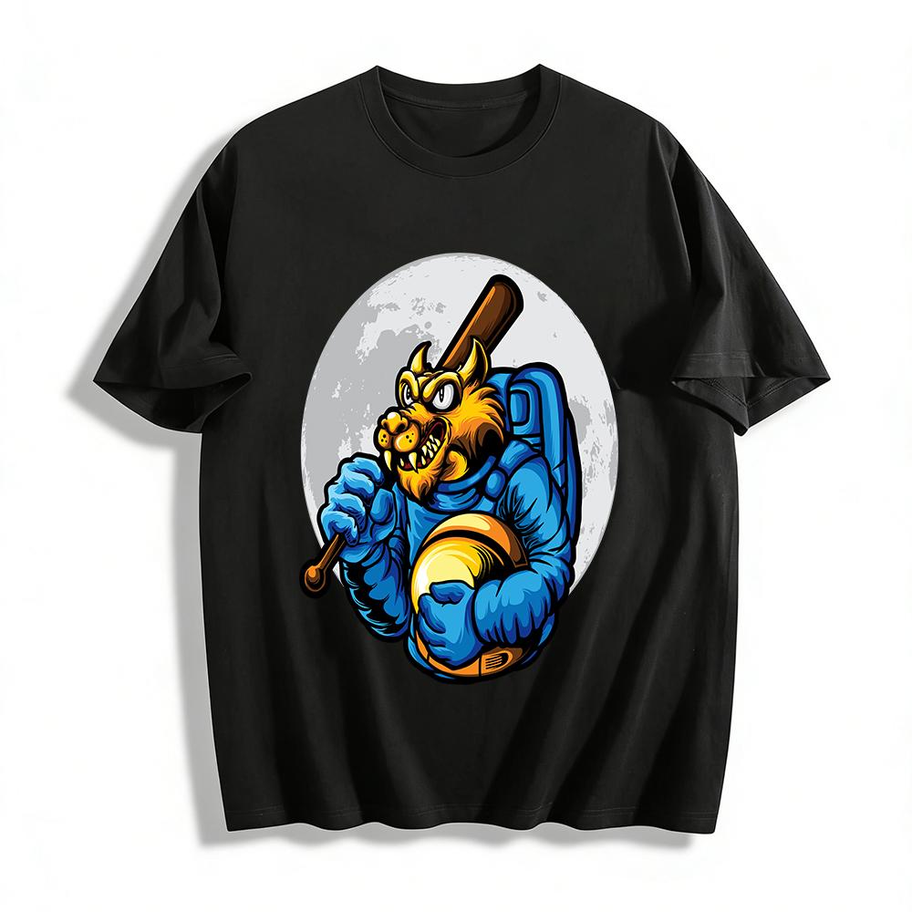 Horned Beast Astronaut Print Casual Top With Baseball Bat Pure cotton T-shirt XXS