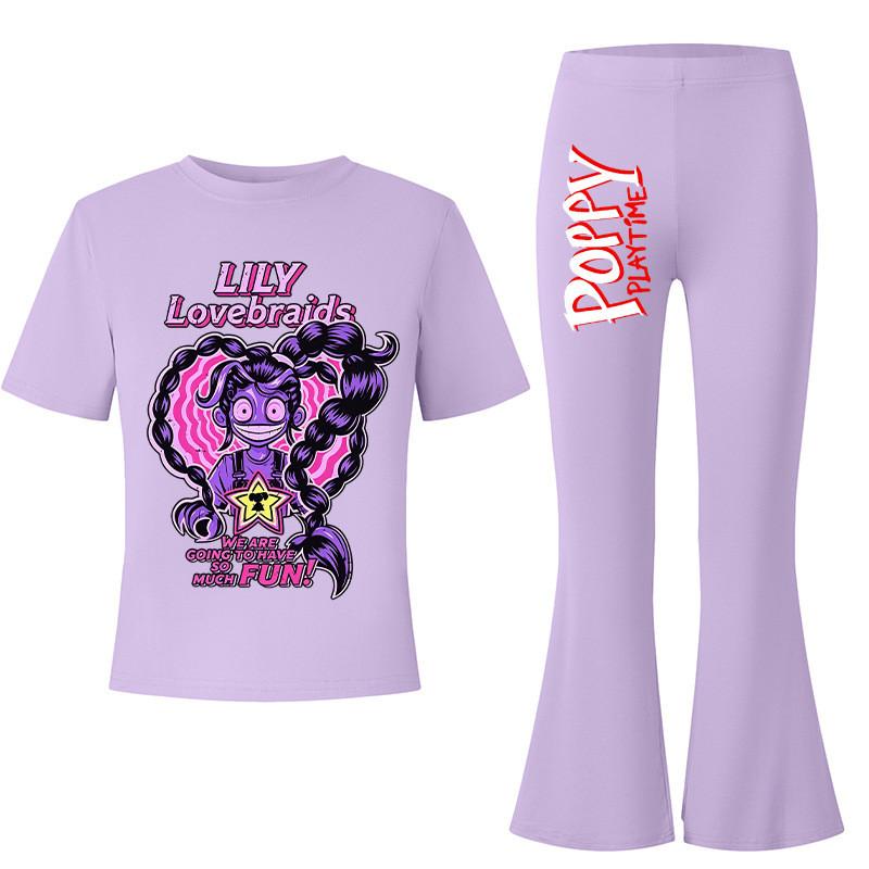 

2pcs Kids Girls Lily Lovebraids Printed Casual Short Sleeves T-shirt Flared Trumpet Pants Set 12Y фіолетовий
