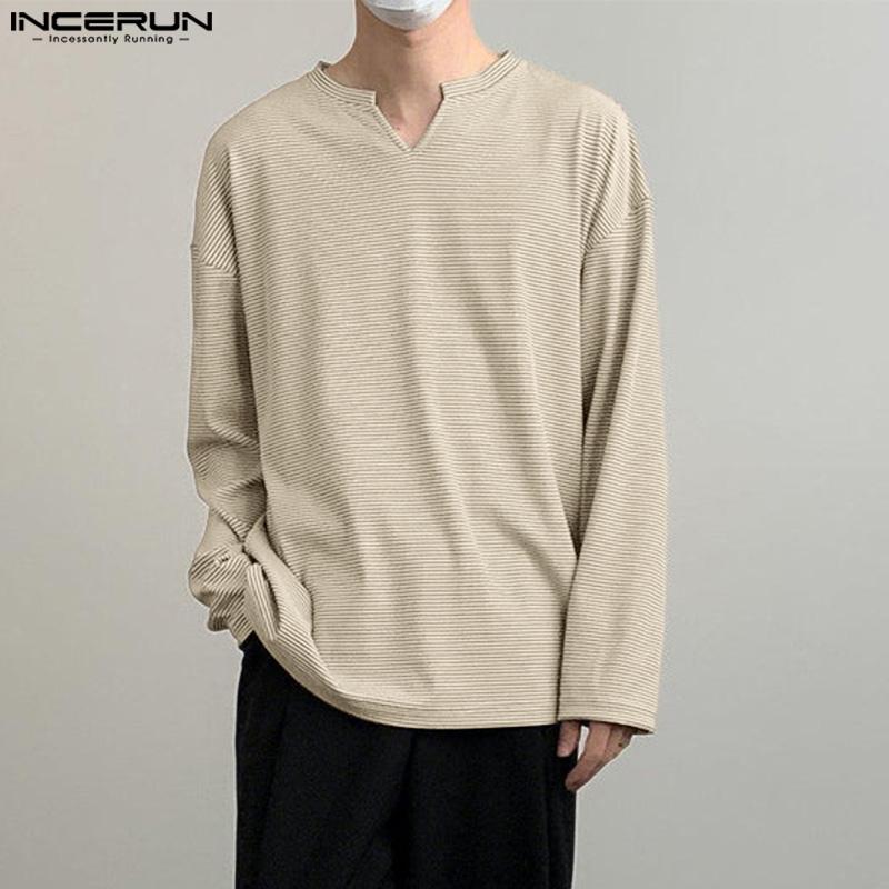 INCERUN Men Stand Neck Long Sleeve Texture Striped Casual Pullover Tops