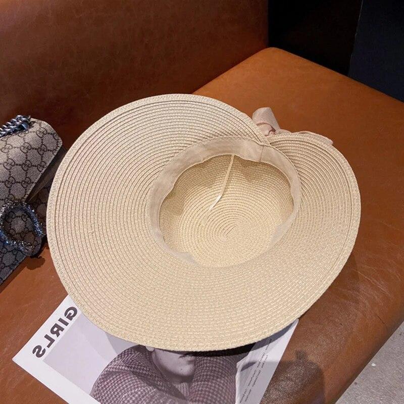 Large Bow Summer Straw Hat Women Wide Brim Panama Beach Cap Portable Foldable Travel Female Sunshade Hat