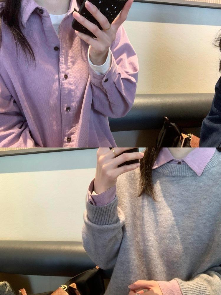 Women's Retro Purple Corduroy Shirt: Loose Fit, Korean Style, Ideal for Spring, Autumn, and Winter Layering