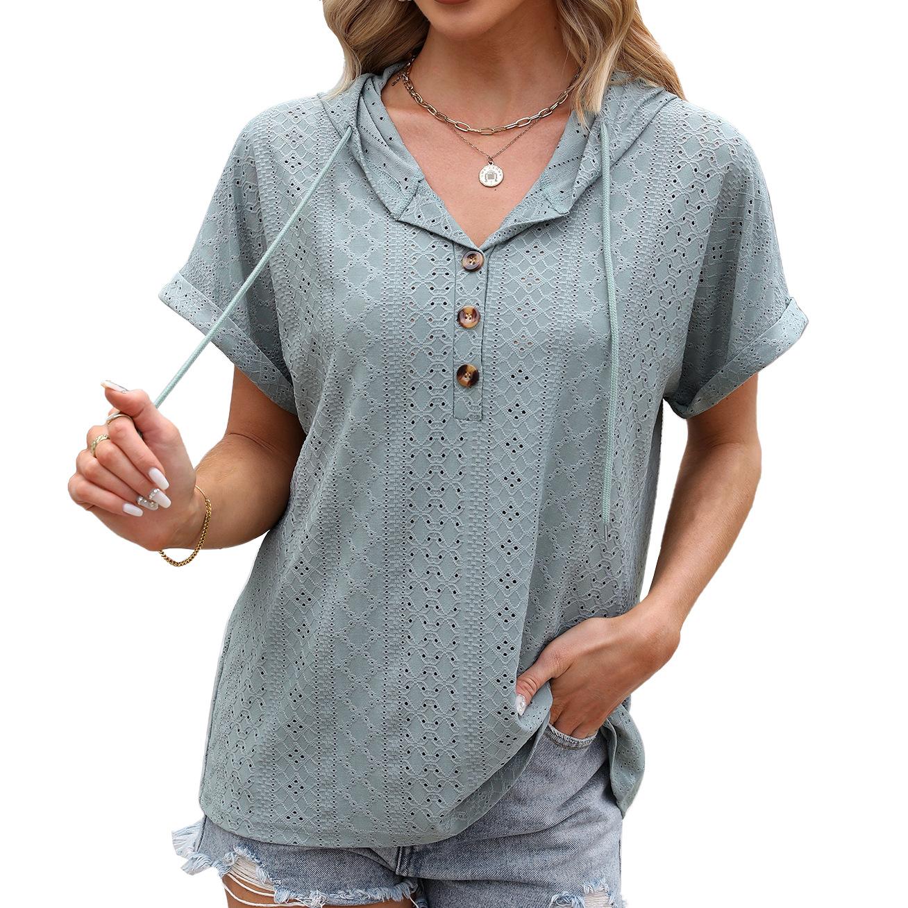 

2024 модная однотонная футболка на пуговицах с капюшоном и шнурком с короткими рукавами, топ L