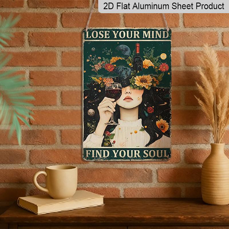 2D Flache Vintage Boho Aluminium Wandkunst - "Verliere deinen Verstand, finde deine Seele" Retro Schild mit kosmischem & floristischem Design, 7,87*11,8 Zoll, Perfekt für Zuhause