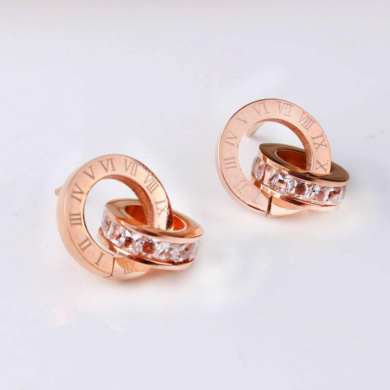 Titanium Steel Korean Roman Numeral Double Circle Stud Earrings