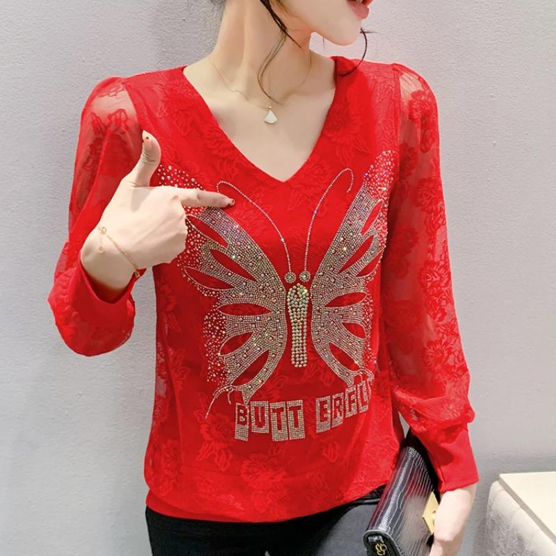 Primăvară Toamnă Nou Mânecă Lungă Sexy Dantelă Tricou Femei Casual Gât în V Fluture Diamante Fierbinți Tricou Doamnelor Topuri Elegante